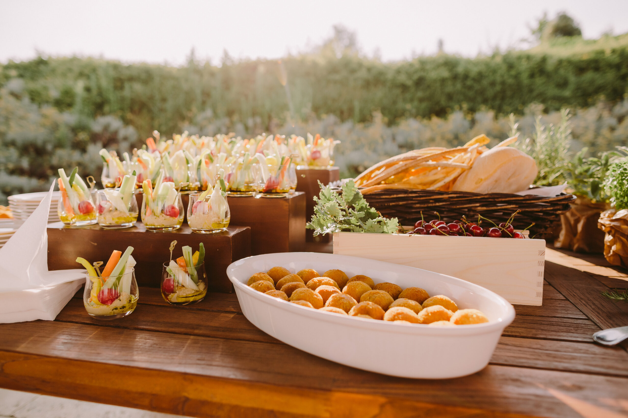 vegetarian appetizer food summer table italian style. Tuscany style catering vegetarian.